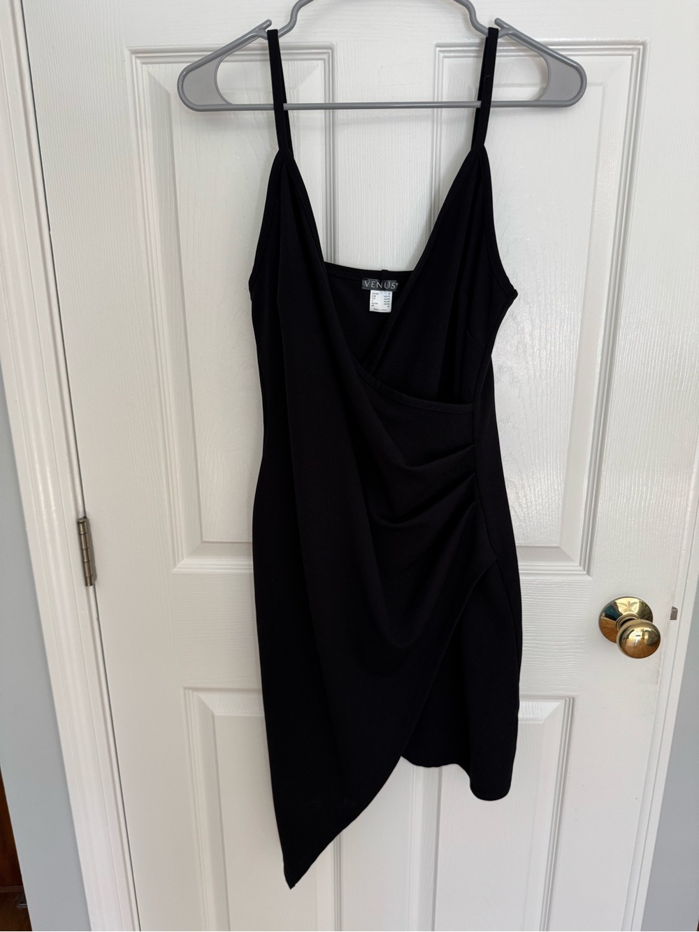VENUS Black Asymmetrical Draped Mini Dress